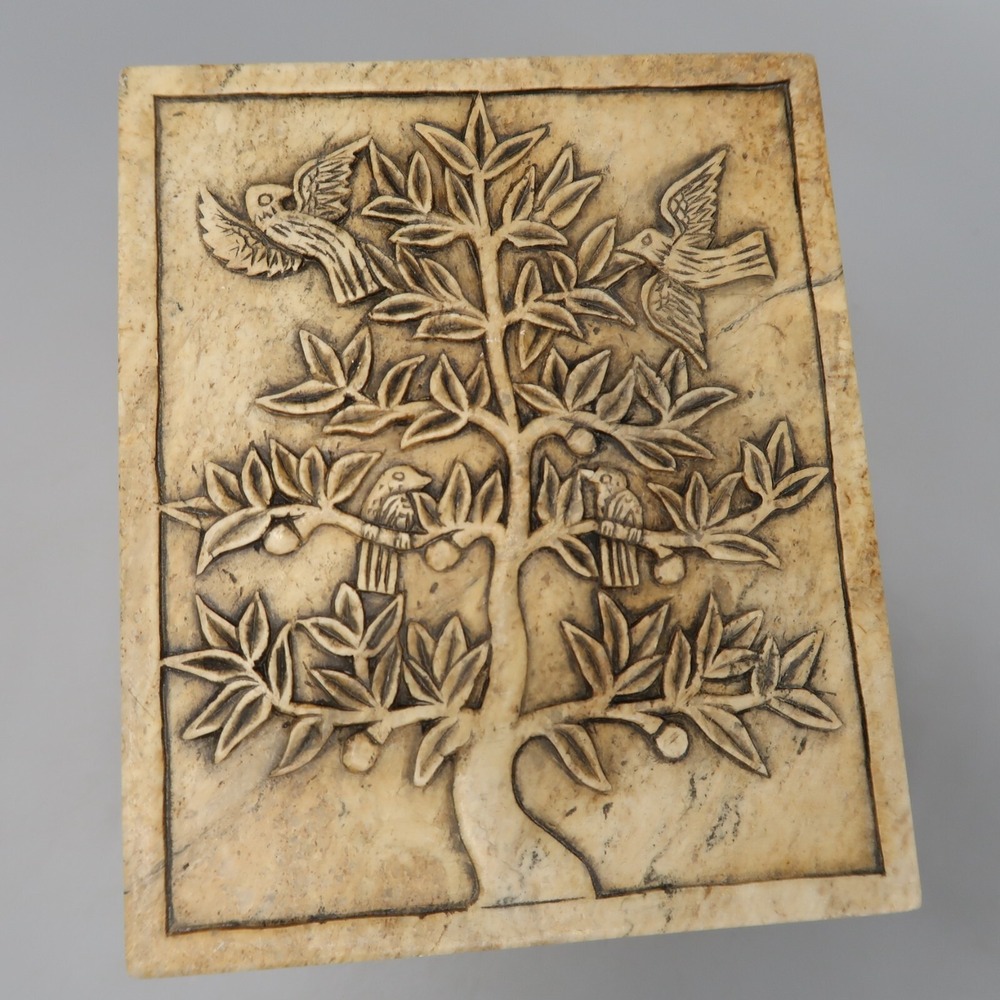 Vintage Marble Jewelry Trinket Box Tan Brown Carved Tree w Birds 4.5"x4"‎